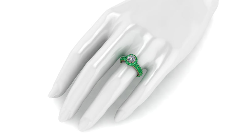 1.06 Ct GIA Certified Round Diamond Round Emerald Halo Pave Shank 18k Gold Ring