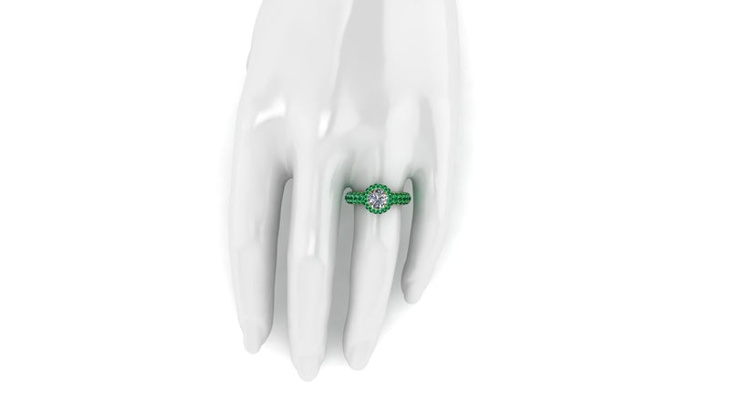 1.06 Ct GIA Certified Round Diamond Round Emerald Halo Pave Shank 18k Gold Ring