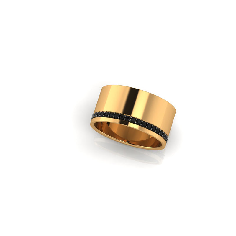 18 Karat Yellow Gold Wide Flat Band Black Diamonds Pavé Stackable Ring - FERRUCCI & CO. Jewelry