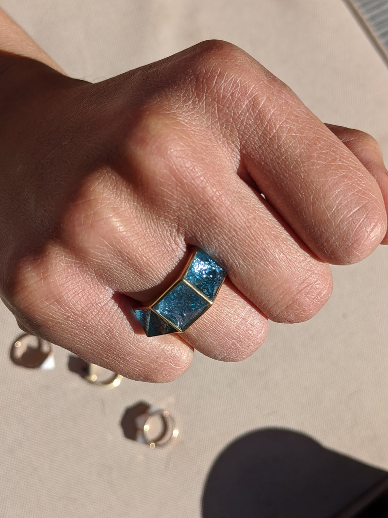 Swiss Blue Topaz Three Pyramids Ring 18K Yellow Gold