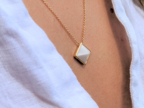 White Agate Pyramid Necklace Pendant in 18 Karat Yellow Gold