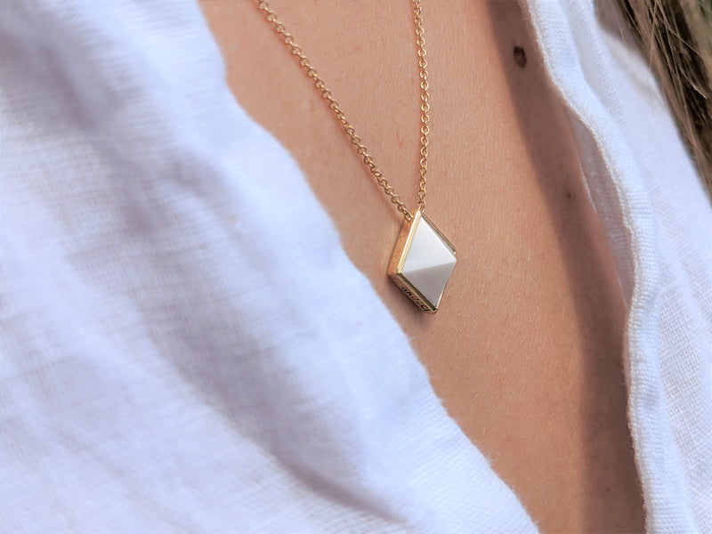 White Agate Pyramid Necklace Pendant in 18 Karat Yellow Gold