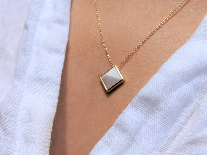 White Agate Pyramid Necklace Pendant in 18 Karat Yellow Gold