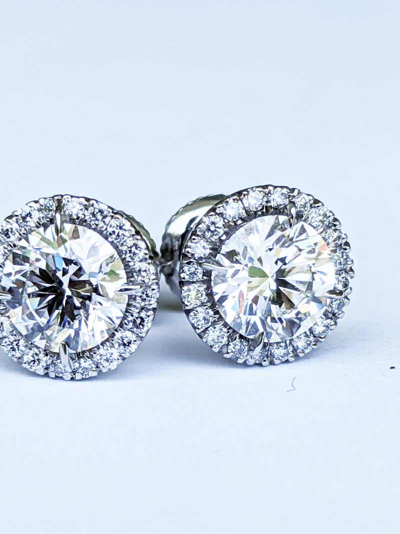 GIA Certified 2.26 Carat Diamonds Platinum Halo Stud Earrings Screw Back Post