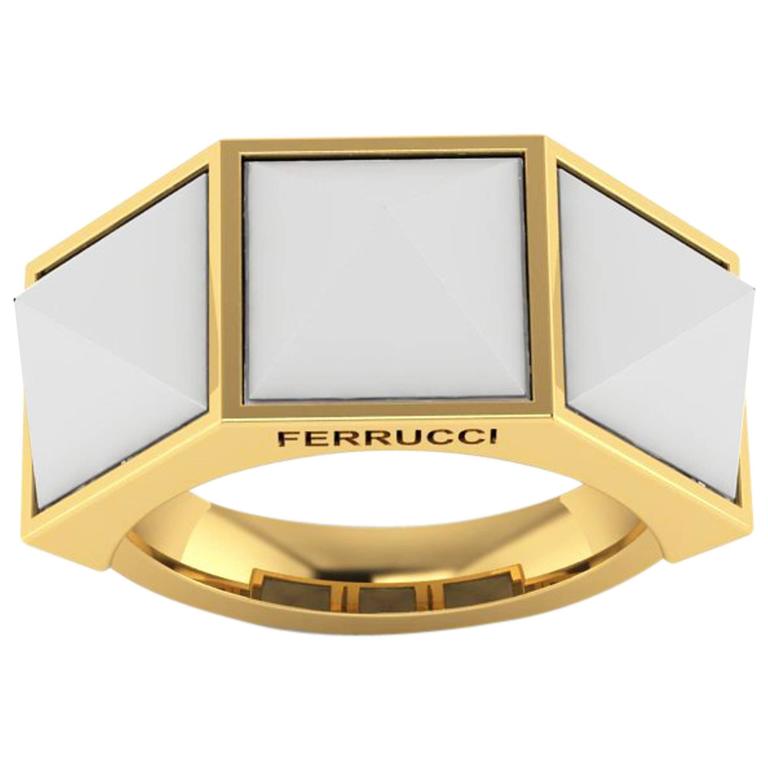 Ferrucci White Agate Three Pyramids 18k Yellow Gold Ring - FERRUCCI & CO. Jewelry