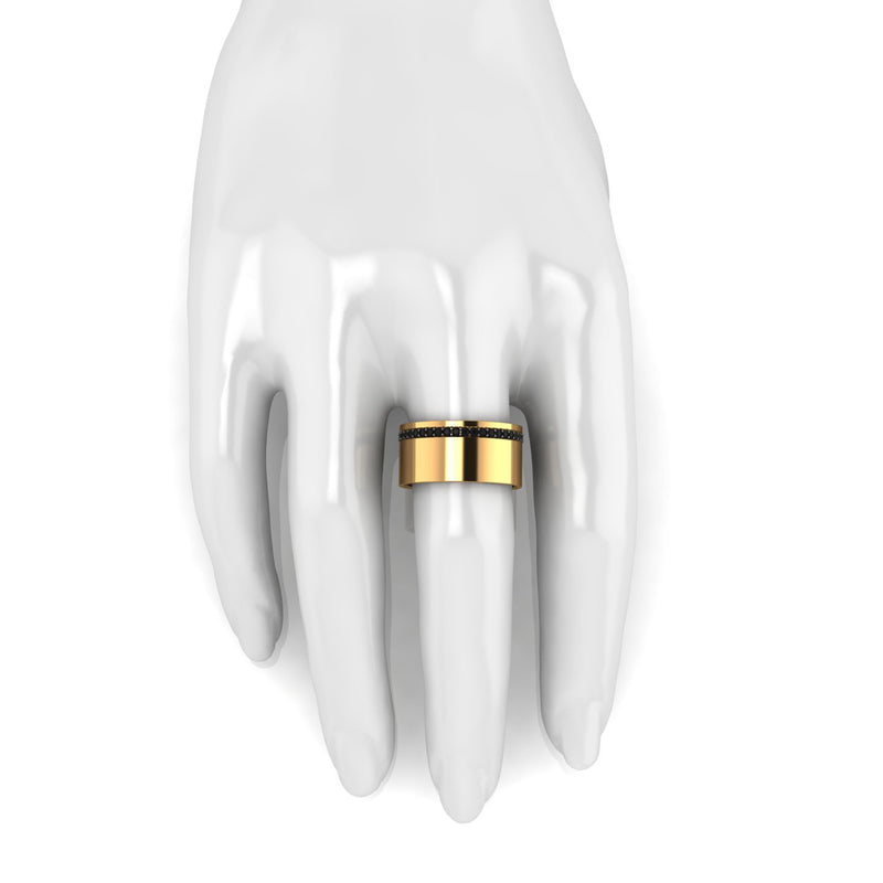 18 Karat Yellow Gold Wide Flat Band Black Diamonds Pavé Stackable Ring - FERRUCCI & CO. Jewelry
