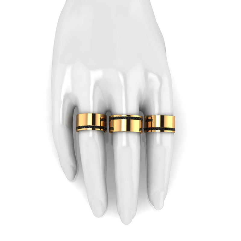 18 Karat Yellow Gold Wide Flat Band Black Diamonds Pavé Stackable Ring - FERRUCCI & CO. Jewelry