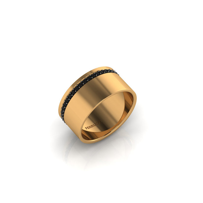 18 Karat Yellow Gold Wide Flat Band Black Diamonds Pavé Stackable Ring - FERRUCCI & CO. Jewelry