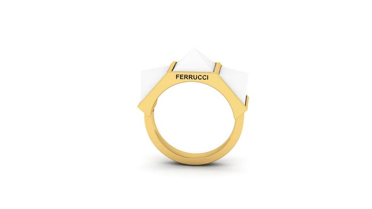 Ferrucci White Agate Three Pyramids 18k Yellow Gold Ring - FERRUCCI & CO. Jewelry