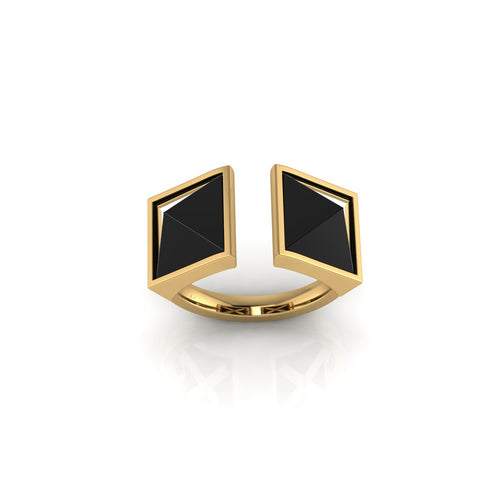 Black Onyx Double Pyramids Open Ring 18 Karat Yellow Gold Ring - FERRUCCI & CO. Jewelry