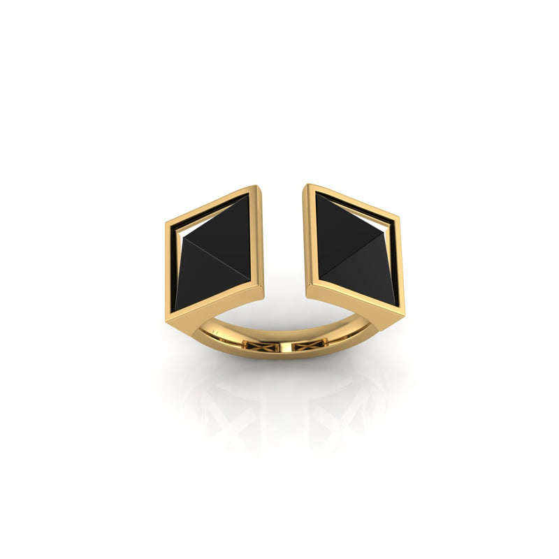 Black Onyx Double Pyramids Open Ring 18 Karat Yellow Gold Ring - FERRUCCI & CO. Jewelry