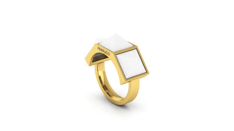 Ferrucci White Agate Three Pyramids 18k Yellow Gold Ring - FERRUCCI & CO. Jewelry