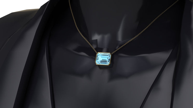 10.39 Carat Emerald cut Aquamarine in 18K Gold thin bezel Necklace Pendant
