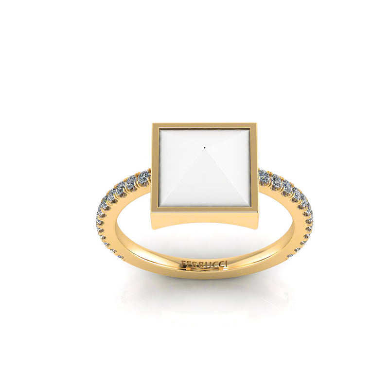 White Agate Pyramid White Diamonds 18 Karat Yellow Gold Ring - FERRUCCI & CO. Jewelry
